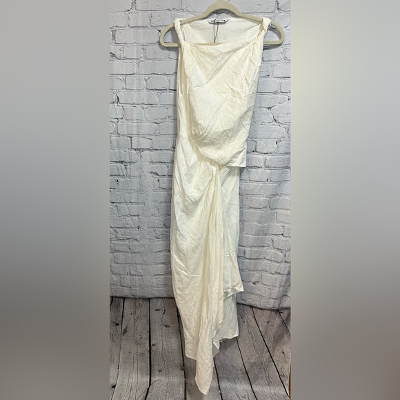 NWT_ZARA SS24 ZW COLLECTION DRAPED LINEN BLEND DRESS WHITE S - Picture 4 of 6